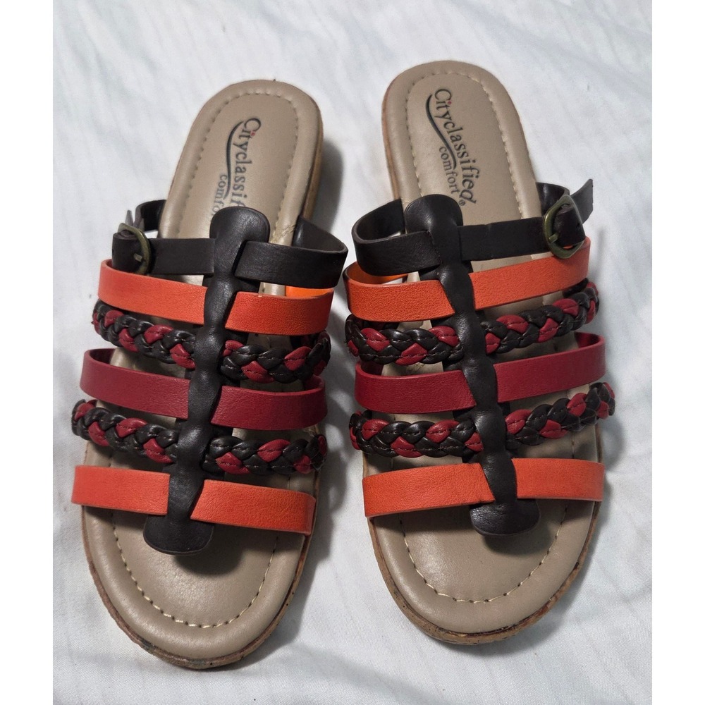City Classified Sz 7.5 Comfort Multi Strap Braid Wedge Sandals Brown‎ Orange Red